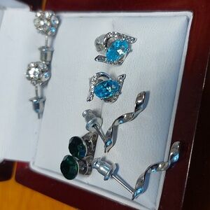 Lot Of 4 Pair Dainty Silvertone Earrings Crystal
